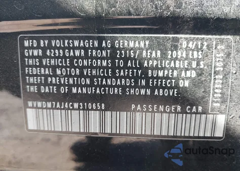 2012 Volkswagen Golf Tdi 4-Door из США, поврежденный, VIN WVWDM7AJ4CW310658